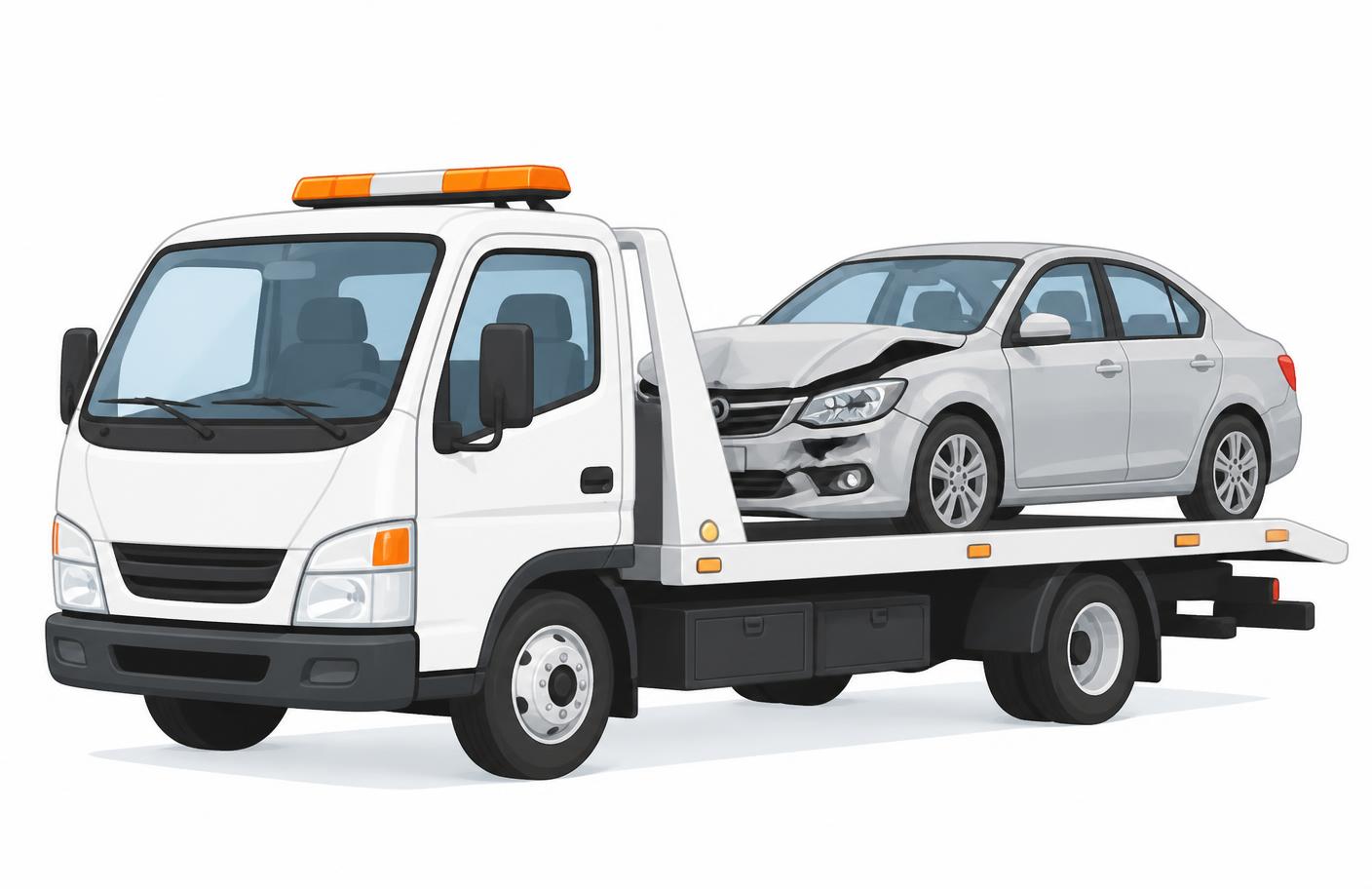 Illustration of a flatbed tow truck carrying a damaged car